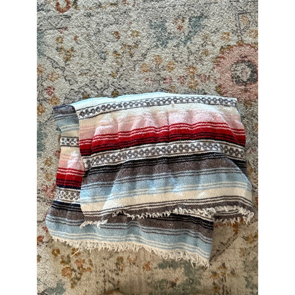 Mexican Falsa Blanket Woven Striped Yoga Beach Throw Blue Red White 42in Width